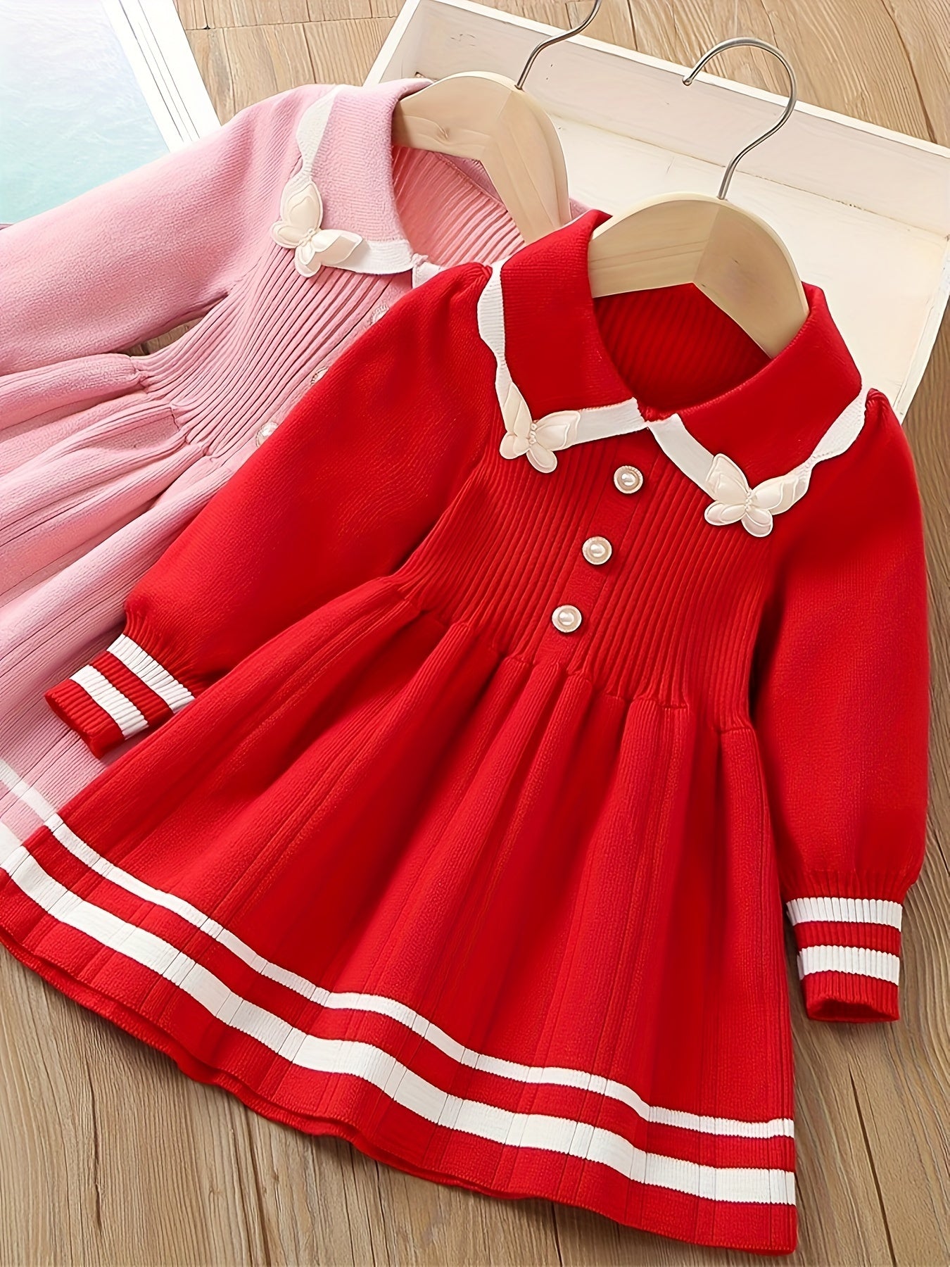 Girls Knit Dress, Color Contrast Butterfly Design, Warm and Cute - Hiccupzz