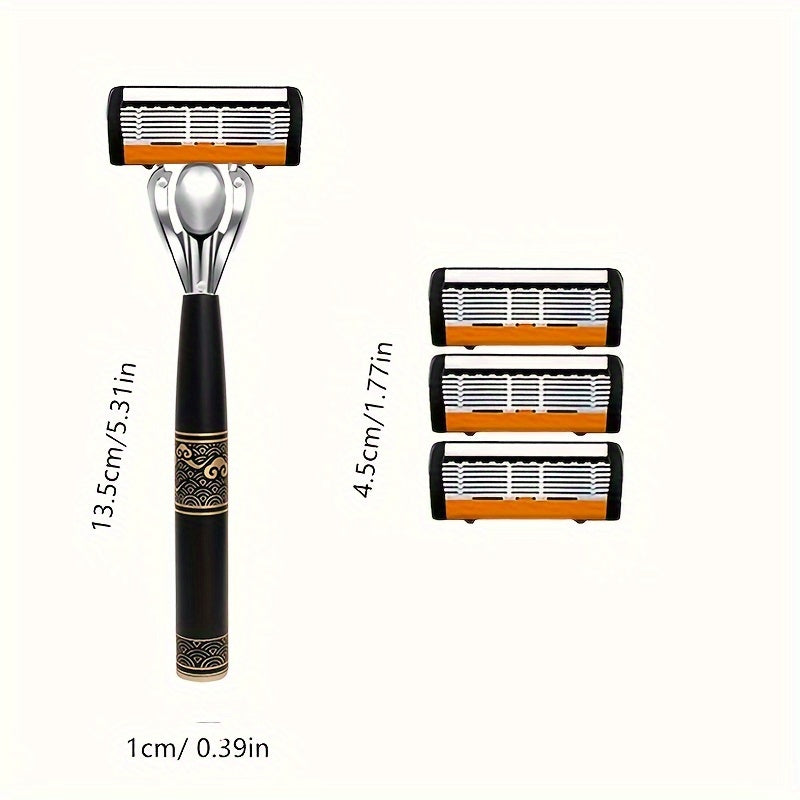 Men's Safety Shaver with Anti-Slip Stainless Steel Handle, 6-Layer Blades, 18/36 Replacement Blades Included - Hiccupzz