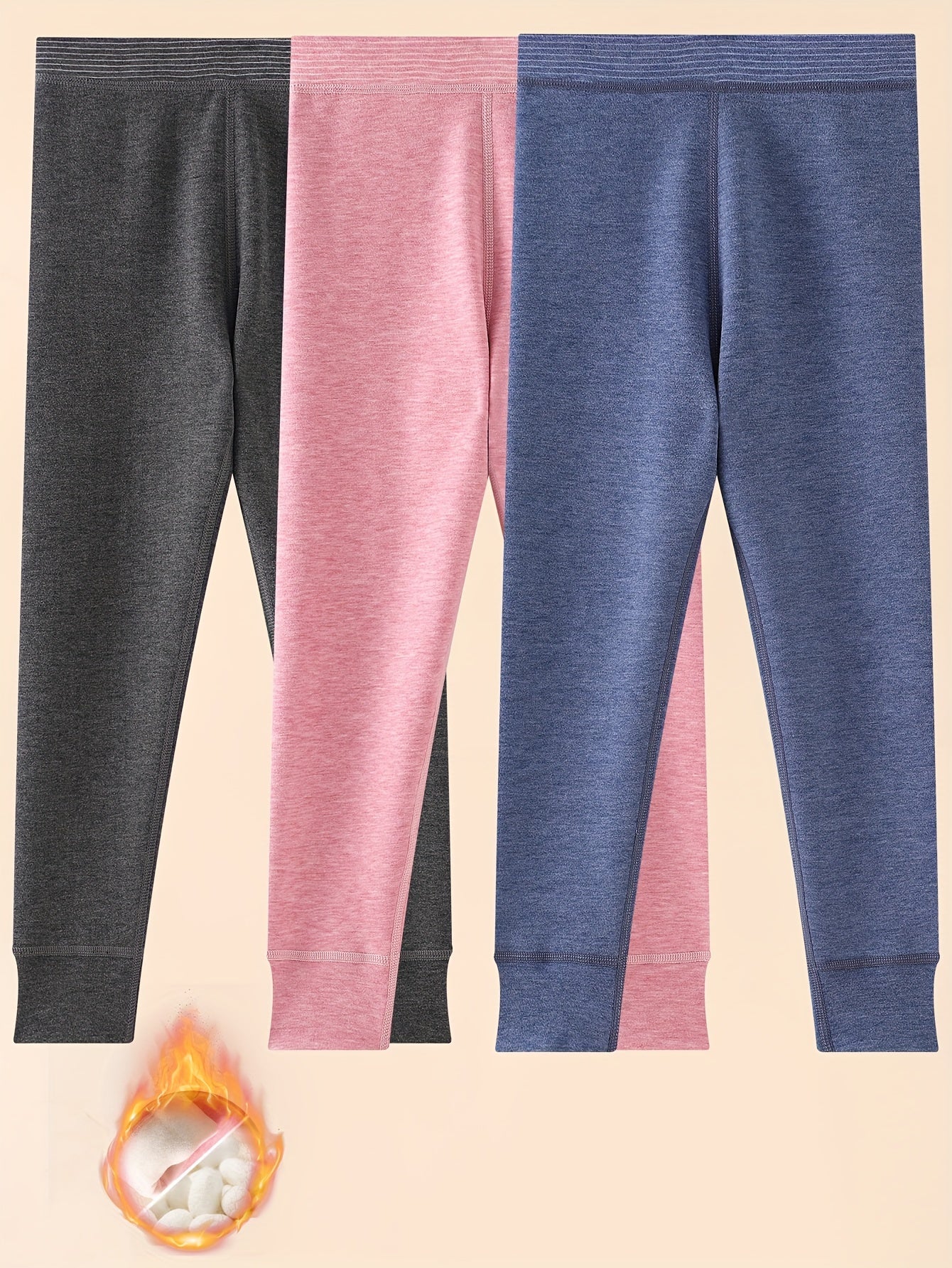 3-Pack Kids' Winter Thermal Pants - 100% Polyester Striped Knit Fabric, Warm Bottoms for Boys & Girls - Hiccupzz