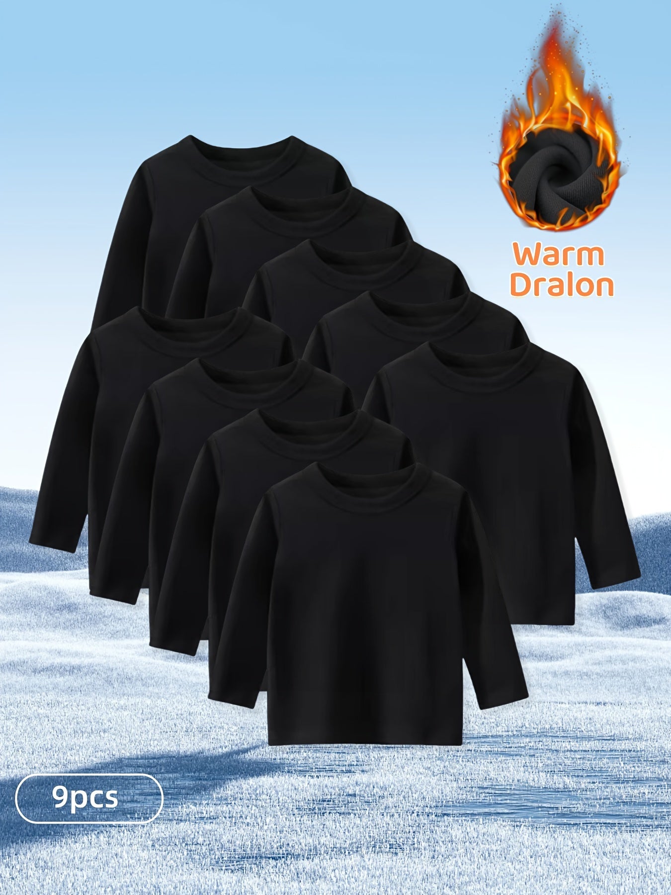9-Pcs Kids' Warm Fleece Long Sleeve T-Shirts - Soft Thermal Polyester Pullover Tops for Boys & Girls, Spring/Autumn Base Layer - Hiccupzz