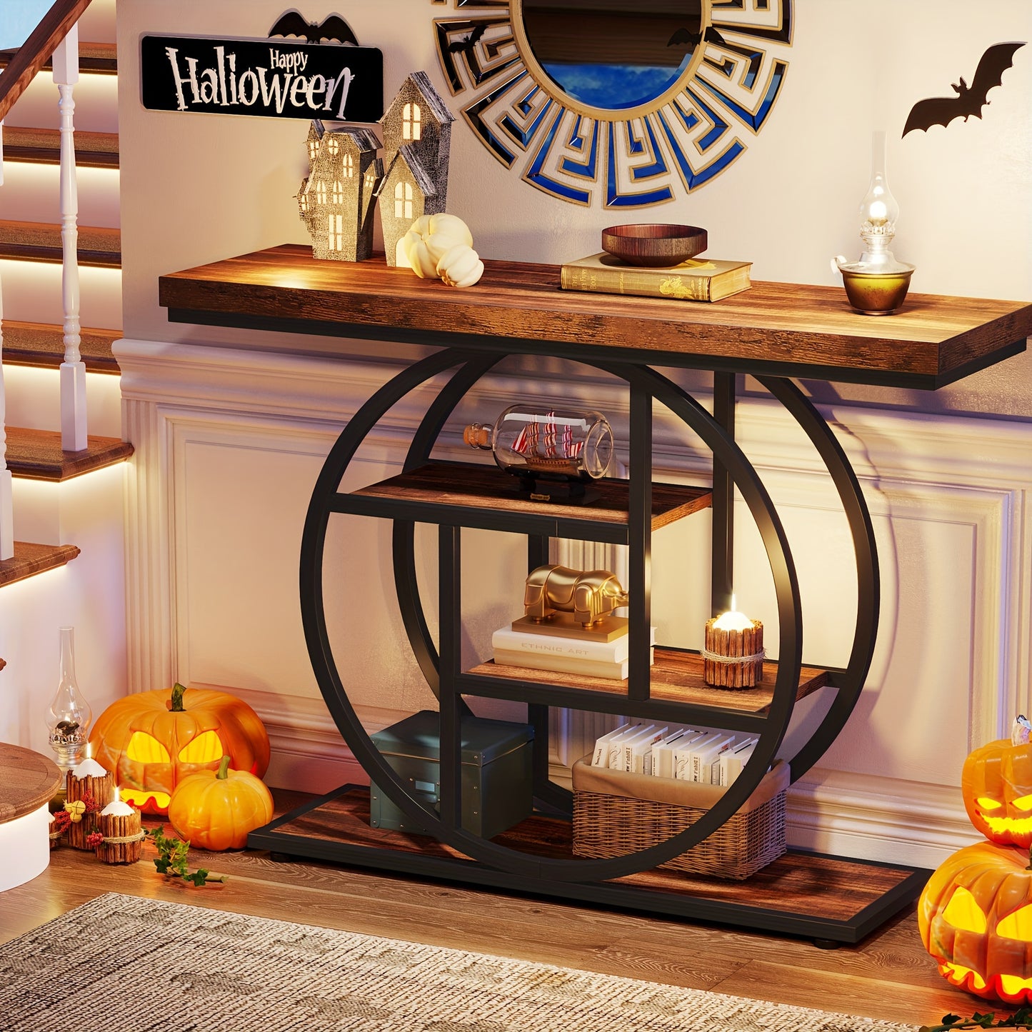 41.3" Console Table, 4-Tier Entryway Sofa Table with Circle Base, Rustic Brown Accent Table for Living Room & Hallway