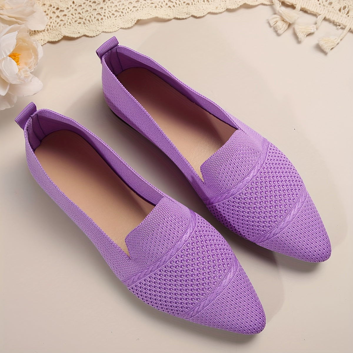 Women's Minimalist Slip-On Knitted Flats, Point Toe, Soft Sole Ballets, Lightweight Comfort - Hiccupzz