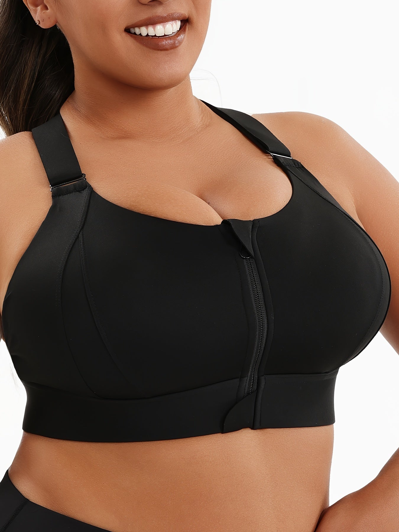 Plus Size Front Zip High Elasticity Sports Bra - Padded Yoga Bra with Adjustable Straps and Stylish Racerback Design - Hiccupzz
