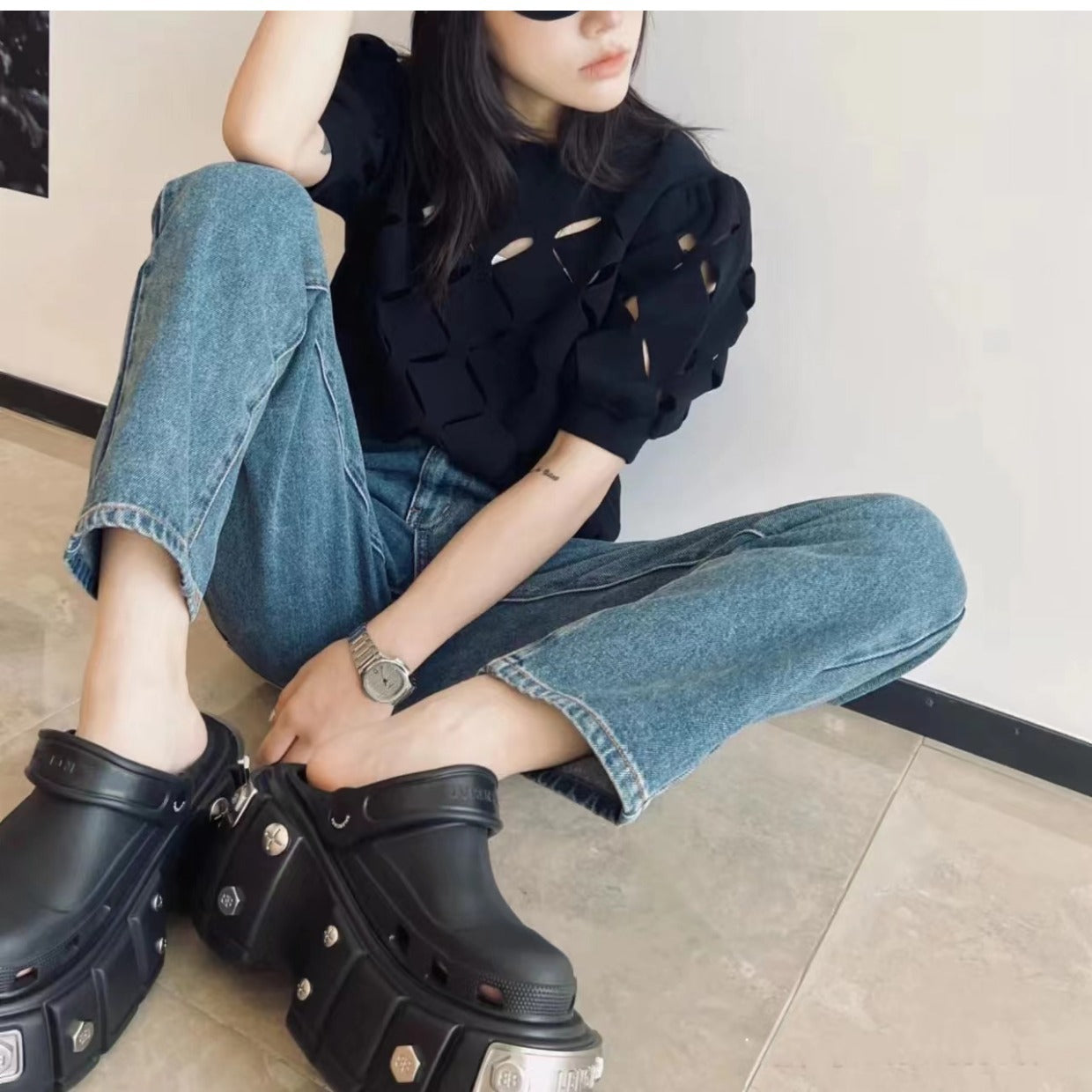 Ins Closed Toe Hole Shoes Platform Height Increasing Sandals - Hiccupzz