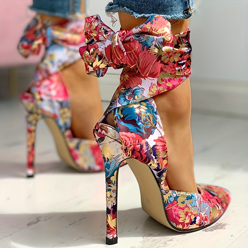 Floral Satin High Heels - Elegant Pointed Toe Lace Up Stilettos for Parties and Dressy Occasions - Hiccupzz