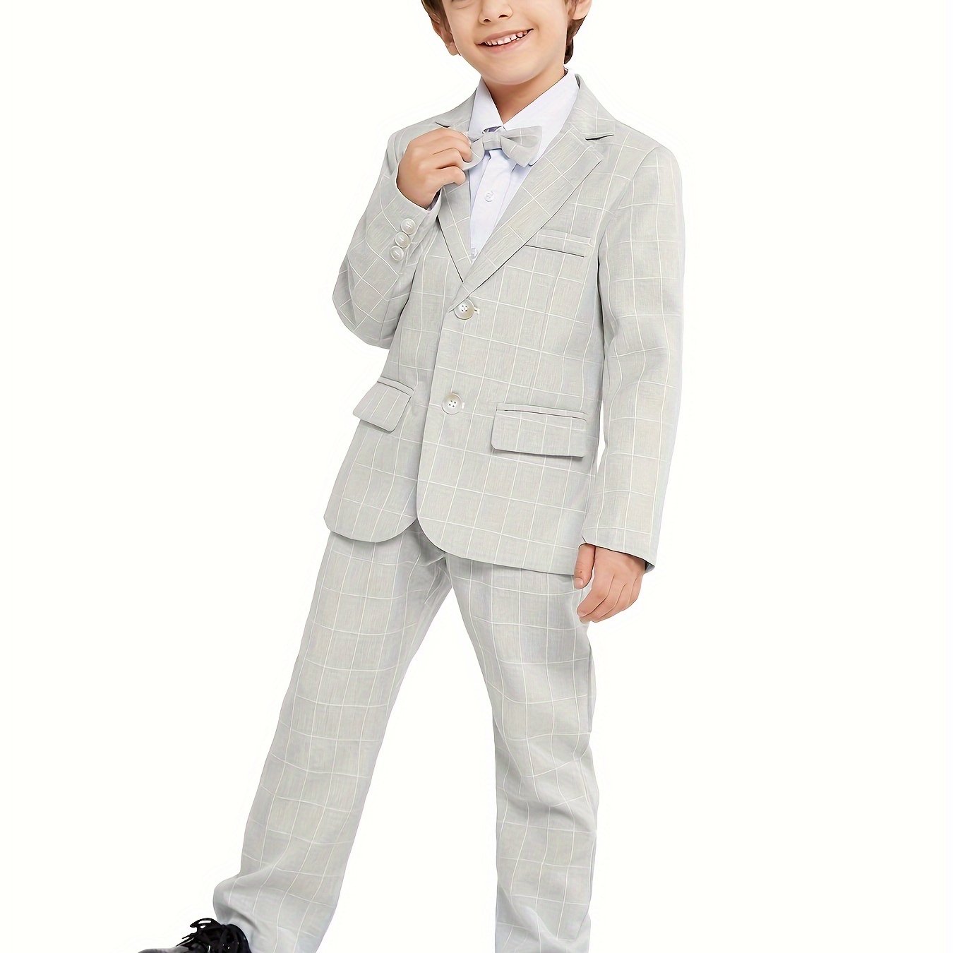 3-Pcs Boys Formal Plaid Gentleman Outfit Set, Long Sleeve Blazer, Bowtie, Pants - Hiccupzz