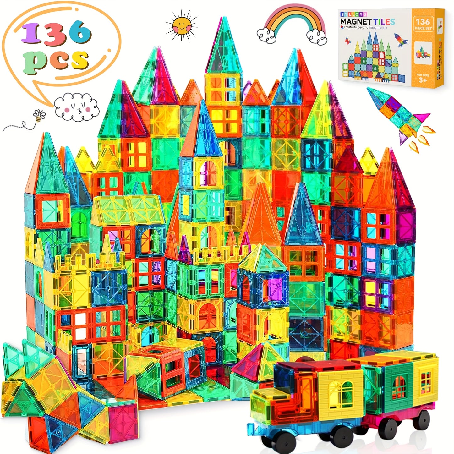 136 Pcs Magnetic Blocks with 2 Cars, Magnetic Tiles 3D Clear Building Blocks Set, STEM Sensory Educational Toys for Toddlers and Kids (3-9+ Years Old)