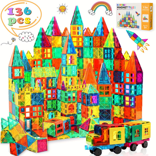 136 Pcs Magnetic Blocks with 2 Cars, Magnetic Tiles 3D Clear Building Blocks Set, STEM Sensory Educational Toys for Toddlers and Kids (3-9+ Years Old)