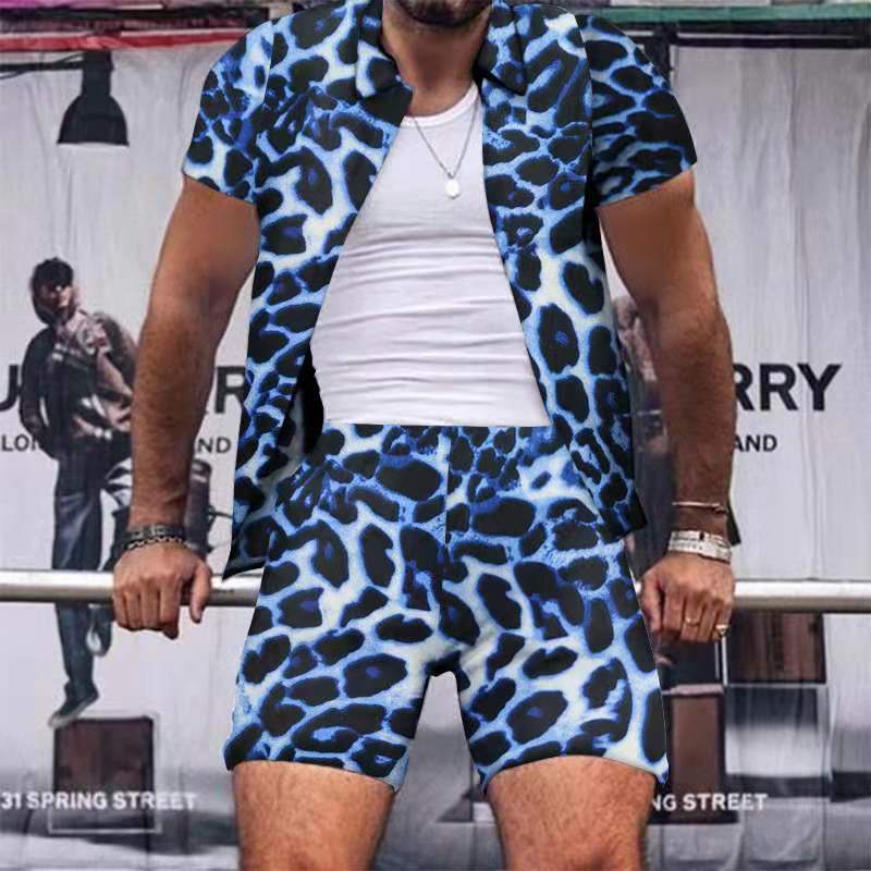 Men's Casual Comfortable Beach Leopard Print Short Sleeve Shorts Suit Two-piece Set - Hiccupzz