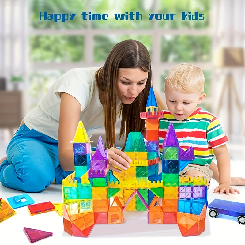 136 Pcs Magnetic Blocks with 2 Cars, Magnetic Tiles 3D Clear Building Blocks Set, STEM Sensory Educational Toys for Toddlers and Kids (3-9+ Years Old)
