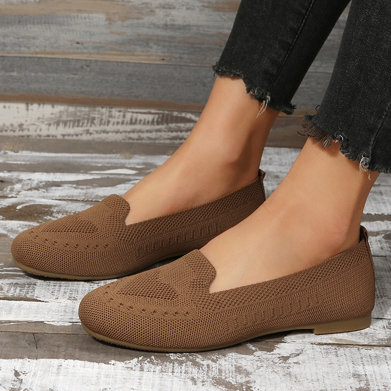 Women's Black Slip-On Flats - Breathable Knitted Round Toe Non-Slip Casual Lightweight Walking Shoes - Hiccupzz