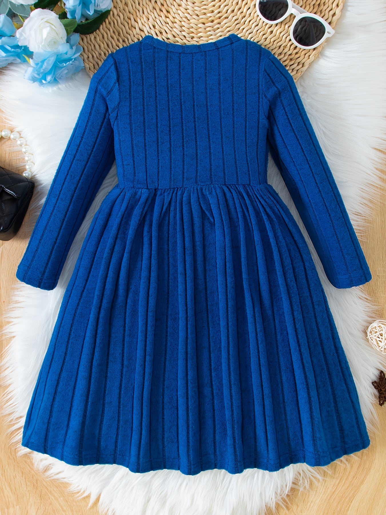 Girls Solid Color Dress, Simple Versatile, Round Neck, Long Sleeve - Hiccupzz