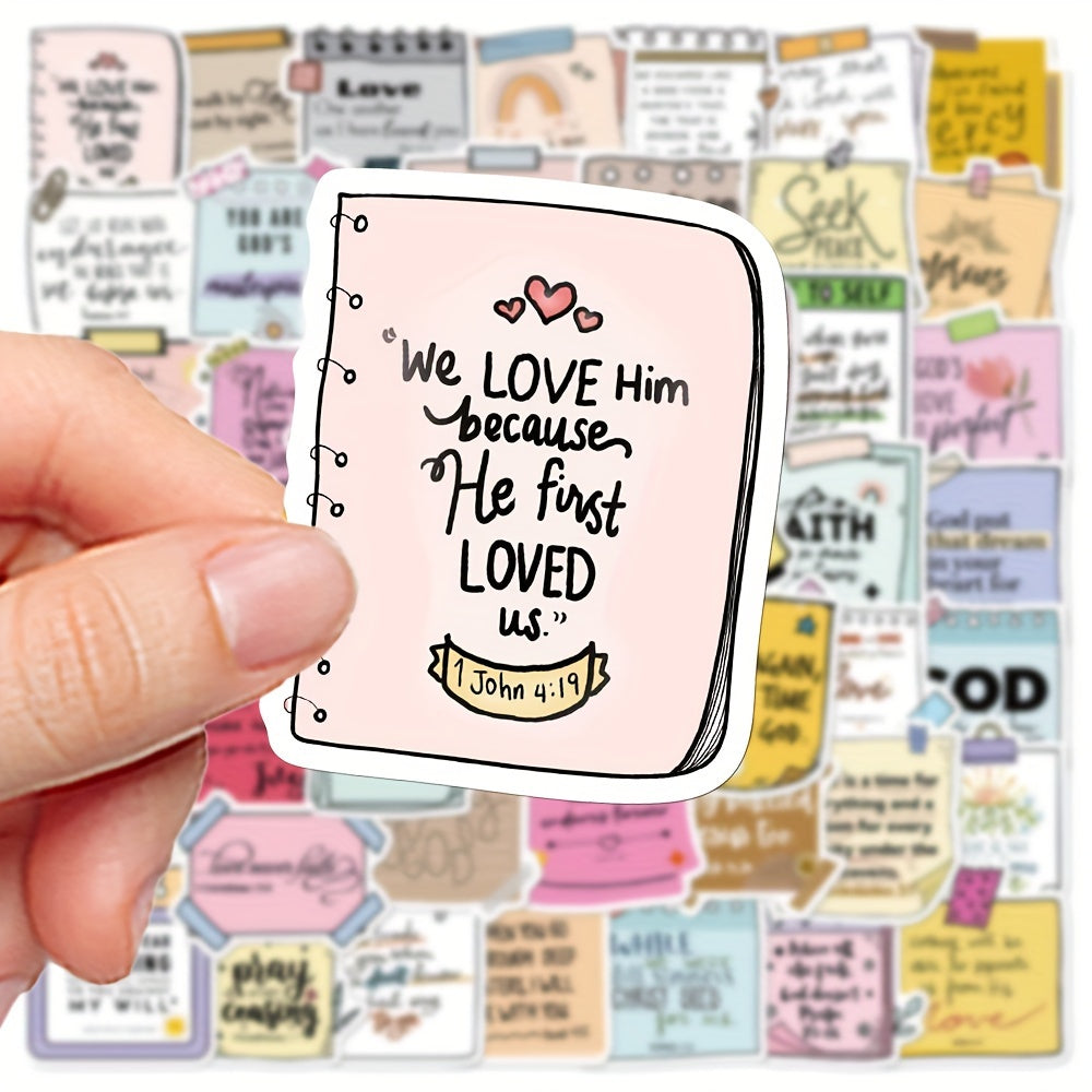 50pcs Bible Verse Sticky Notes – Waterproof PVC Self-Adhesive Christian Decals for Laptop, Notebook, Skateboard, and Luggage, Matte Finish, Irregular Shape, Single Use - Hiccupzz