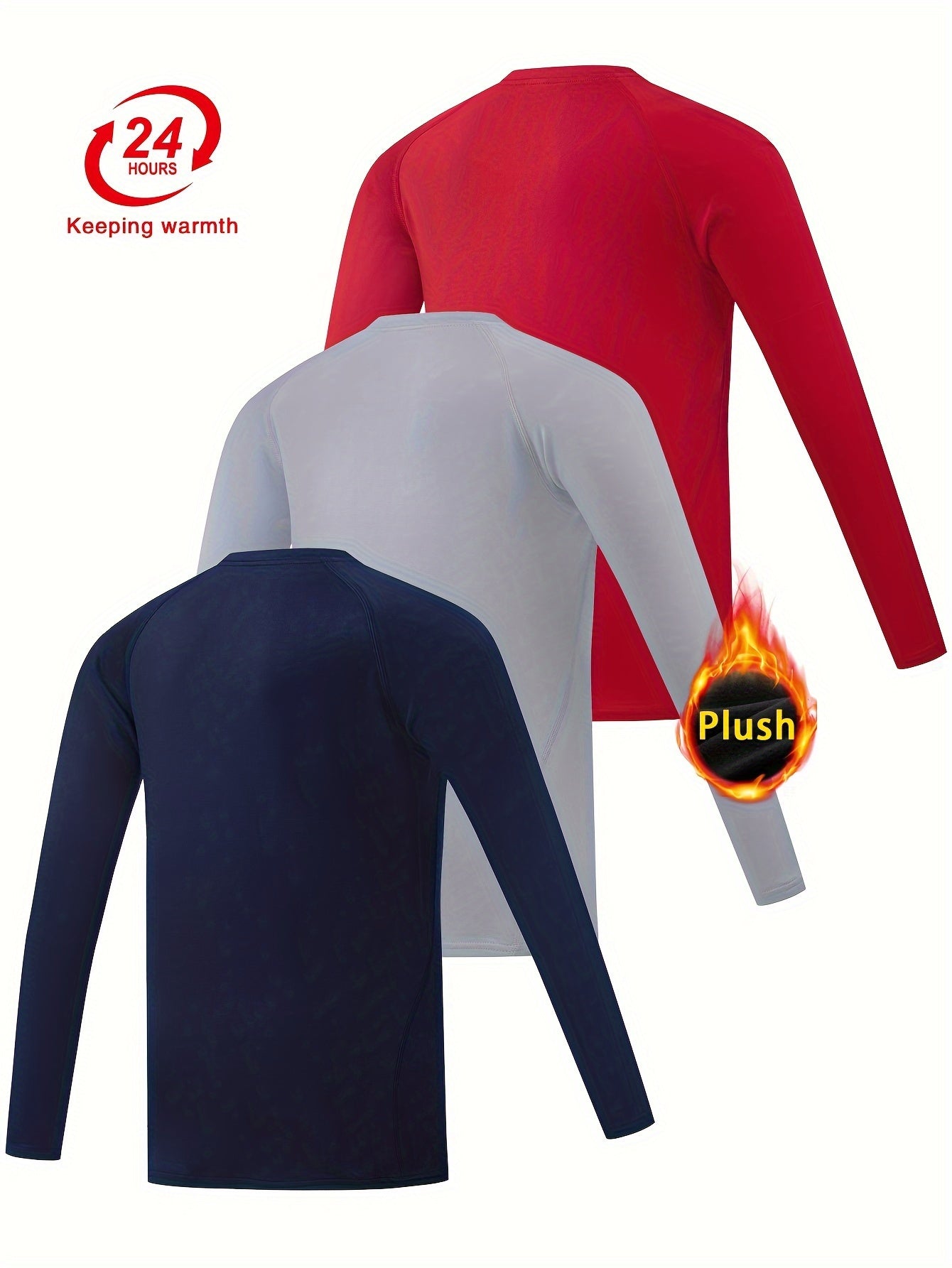 3-Pcs Youth Fleece-Lined Thermal Underwear Tops - Compression, Long Sleeve, Solid Color - Hiccupzz