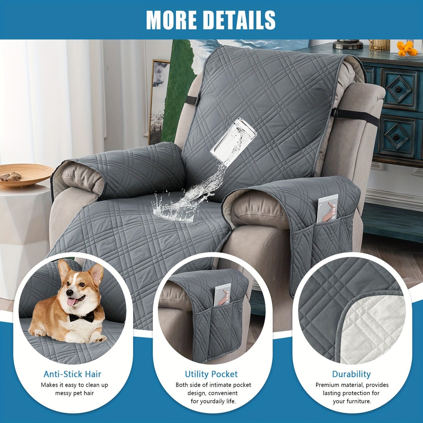 1 Pc Waterproof Recliner Chair Cover, Non-Slip, With Pocket, Washable, Furniture Protector for Pets, Easy Install & Care
