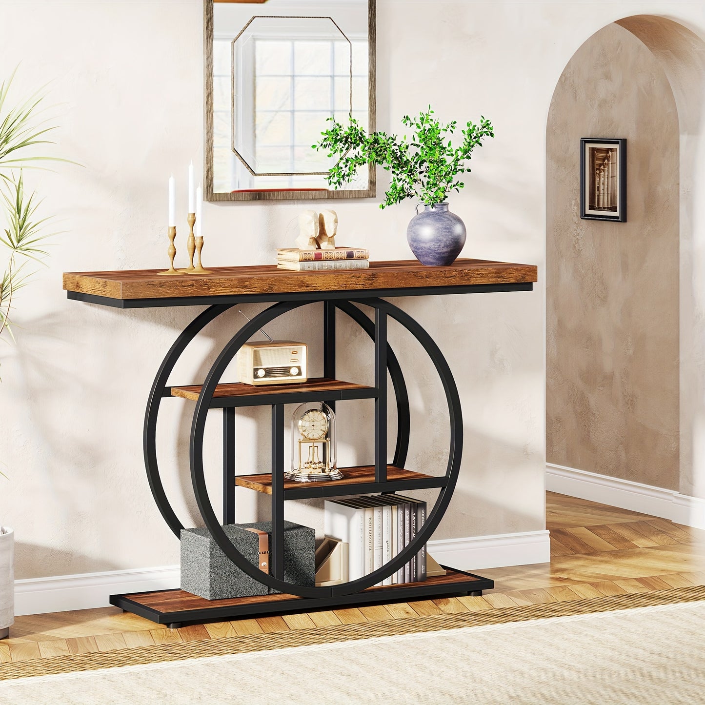 41.3" Console Table, 4-Tier Entryway Sofa Table with Circle Base, Rustic Brown Accent Table for Living Room & Hallway