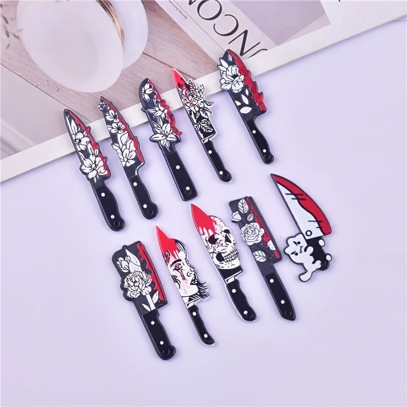 10 Pcs Bloody Knife Pendants - Acrylic Knife Shape with Skull & Rose, Gothic Style DIY Jewelry for Earrings & Necklaces, Craft Accessories - Hiccupzz