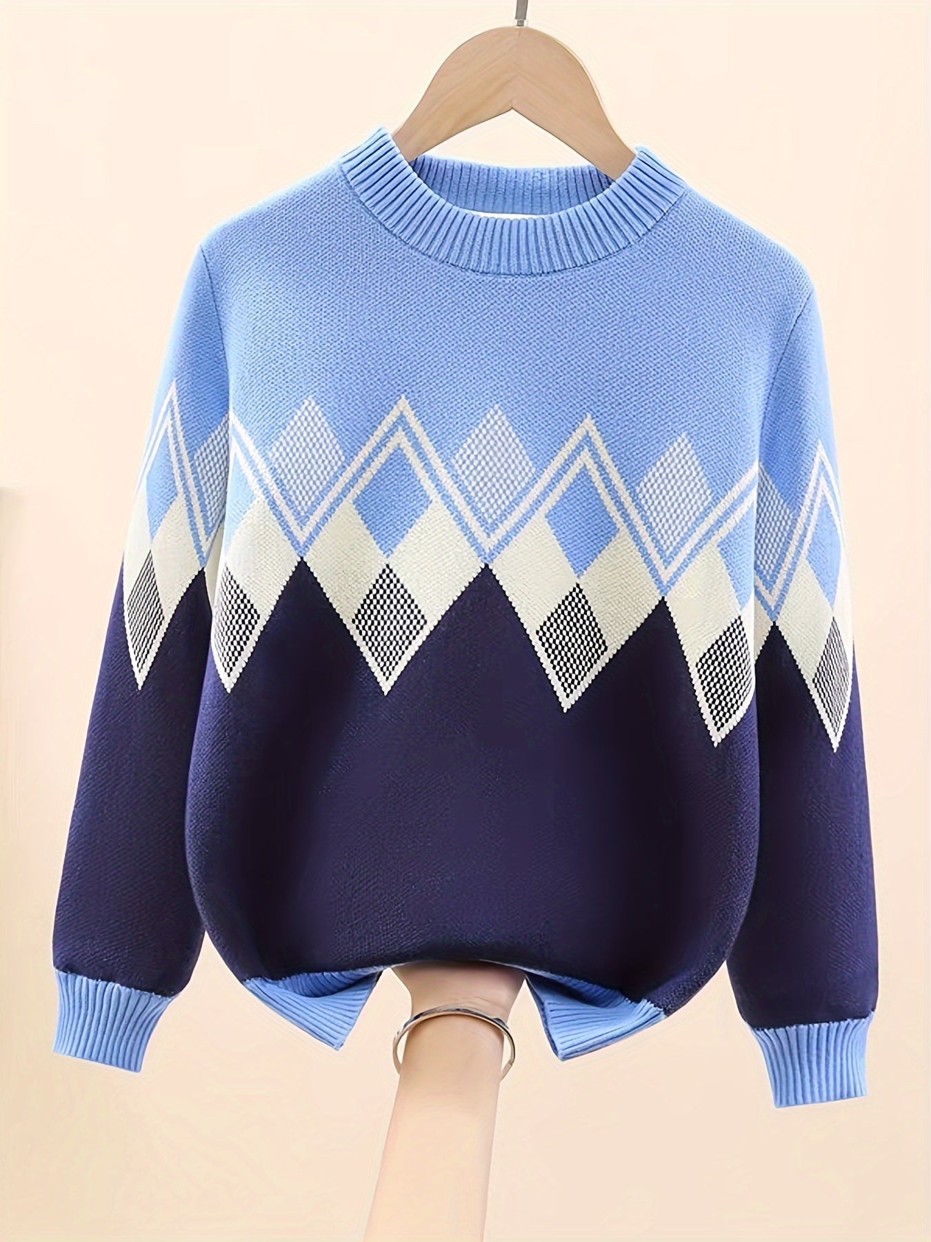Boys Jacquard Sweater, Warm, Stretchy, Round Neck, Long Sleeve - Hiccupzz
