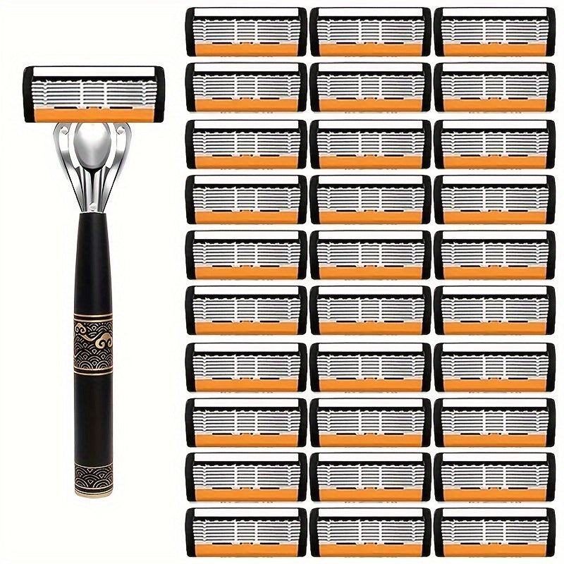 Men's Safety Shaver with Anti-Slip Stainless Steel Handle, 6-Layer Blades, 18/36 Replacement Blades Included - Hiccupzz