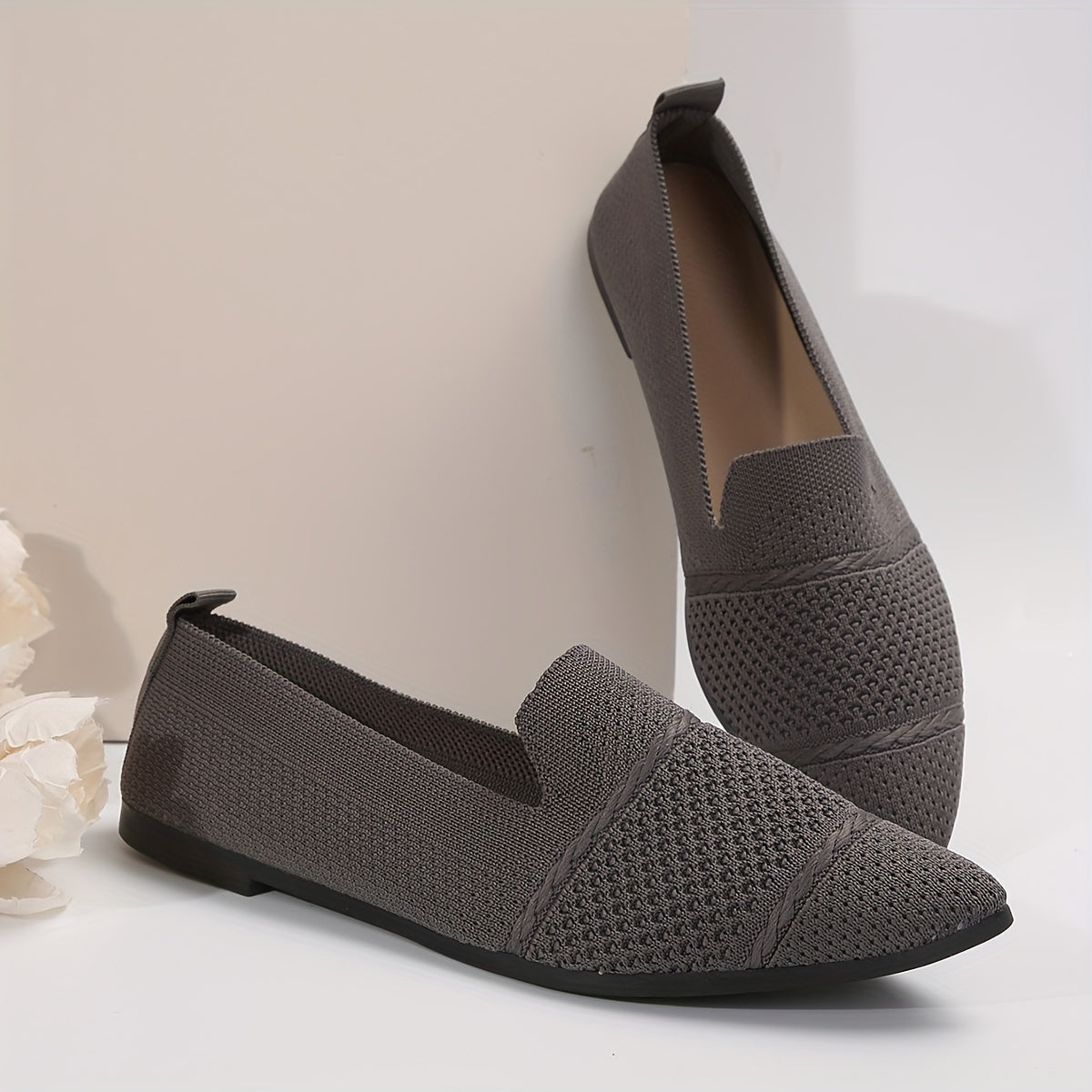 Women's Minimalist Slip-On Knitted Flats, Point Toe, Soft Sole Ballets, Lightweight Comfort - Hiccupzz