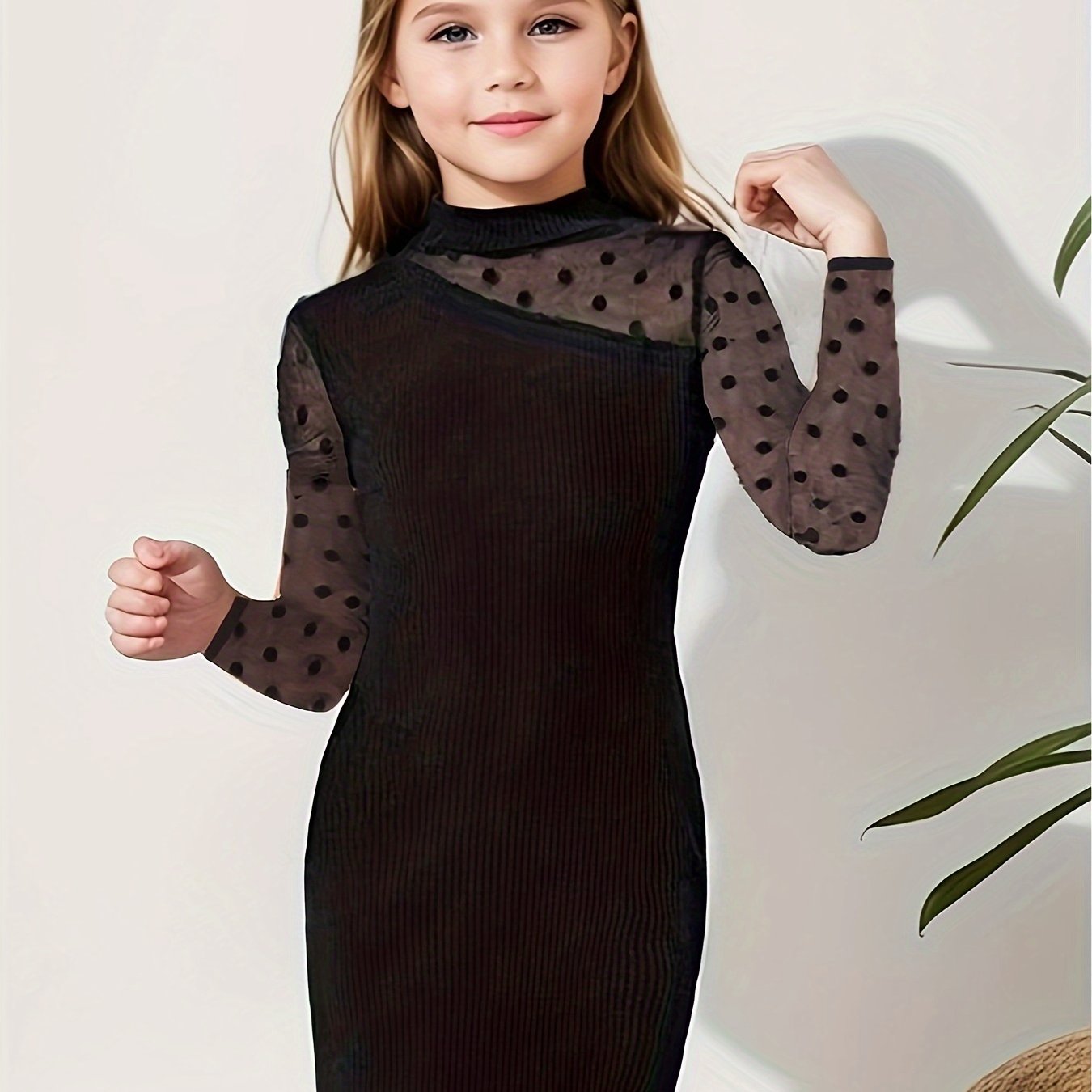 Elegant Girls Splicing Mesh Dress, Long Sleeve, Party & Performance - Hiccupzz