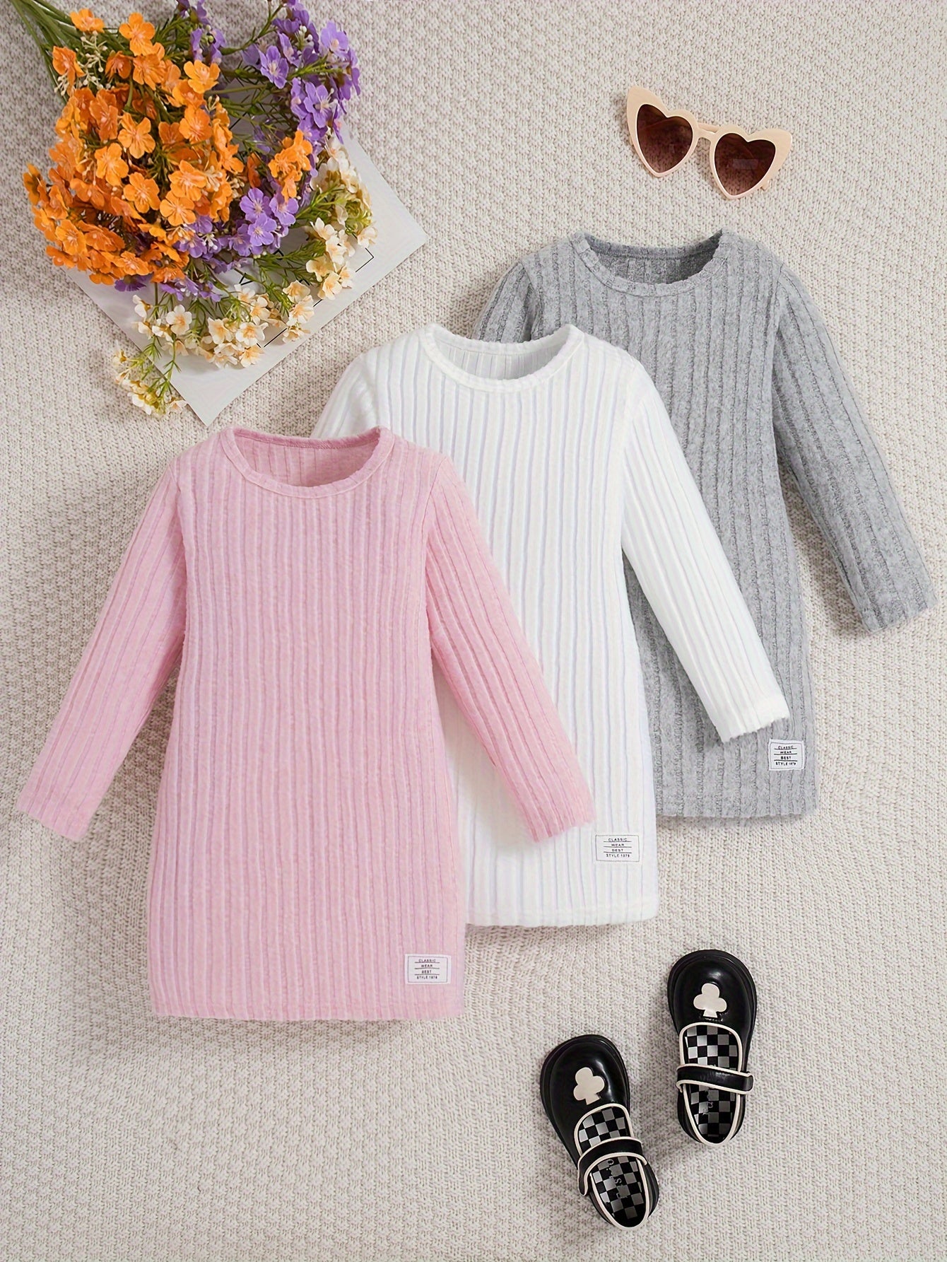 3 Pcs Girls Ribbed Knit Dress Set, Comfy & Elegant, Spring/Fall Dresses - Hiccupzz