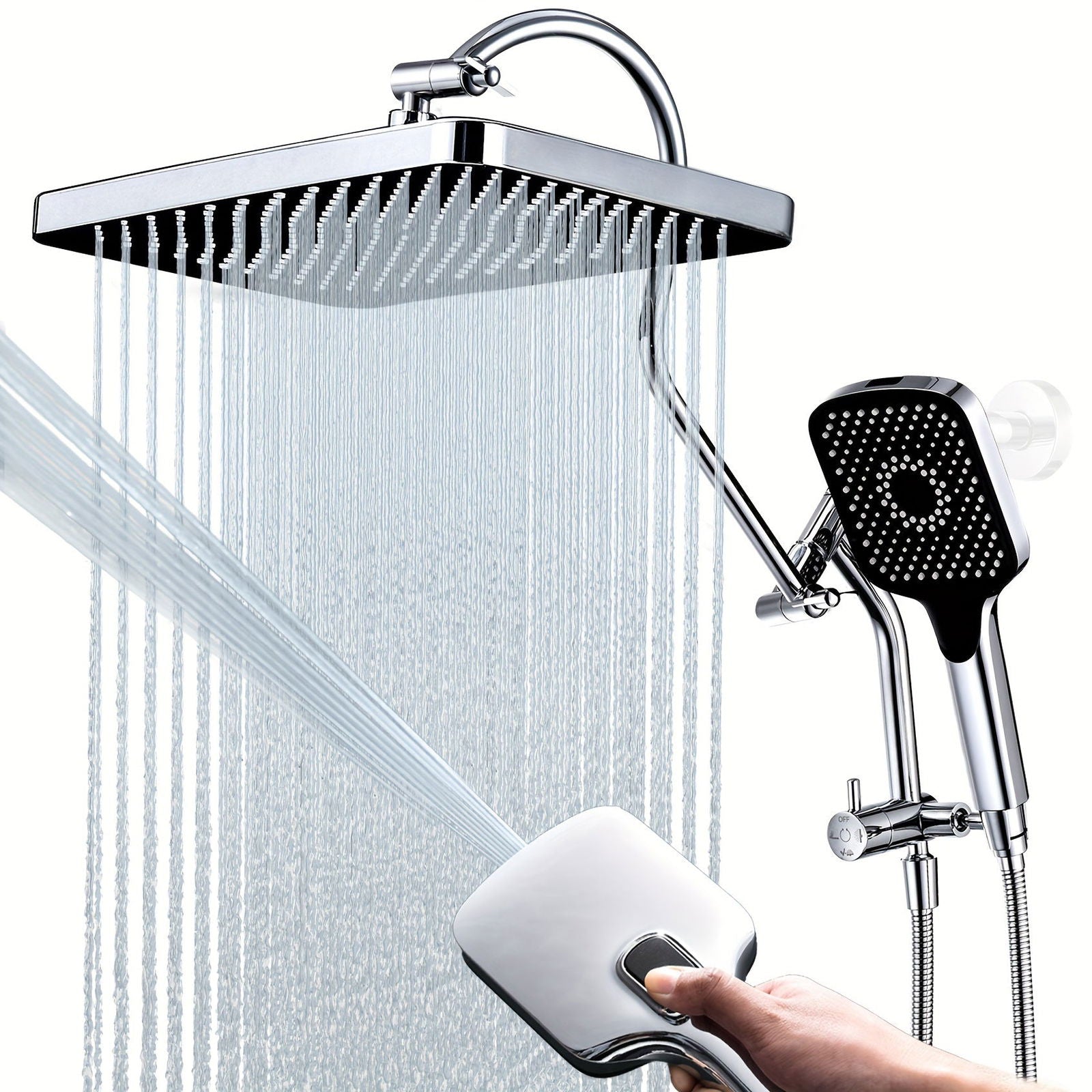 13-Inch Shower Heads with Multi-Function Handheld Sprayer Combo, 3-Way Metal Extended Diverter with Holder and Metal Adjustable Curved Shower Extension Arm - Hiccupzz