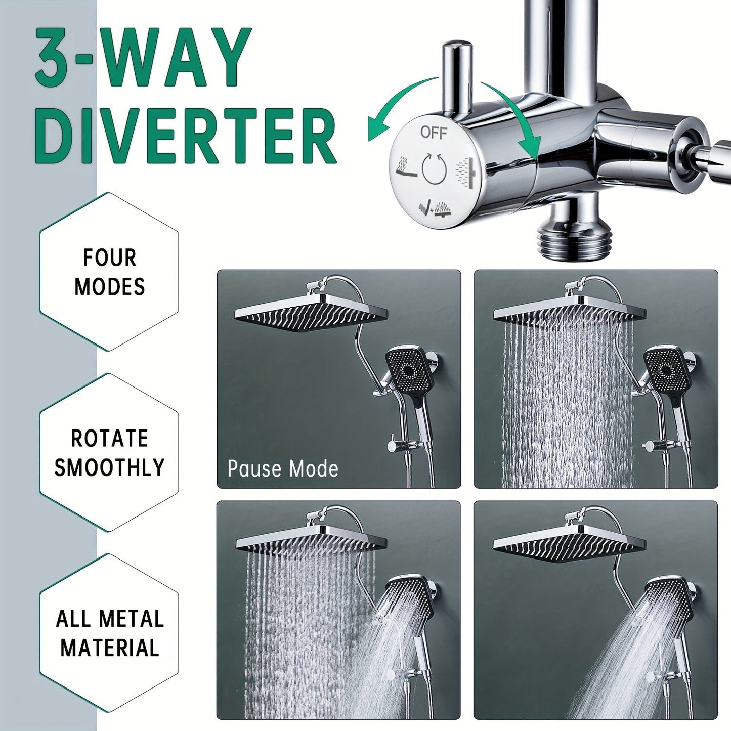 13-Inch Shower Heads with Multi-Function Handheld Sprayer Combo, 3-Way Metal Extended Diverter with Holder and Metal Adjustable Curved Shower Extension Arm - Hiccupzz