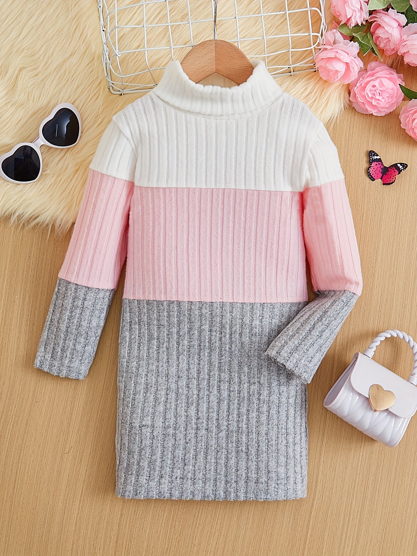 Girls Splicing Ribbed Knit Turtleneck Dress Kids Clothes Party Gift 3-8Y - Hiccupzz