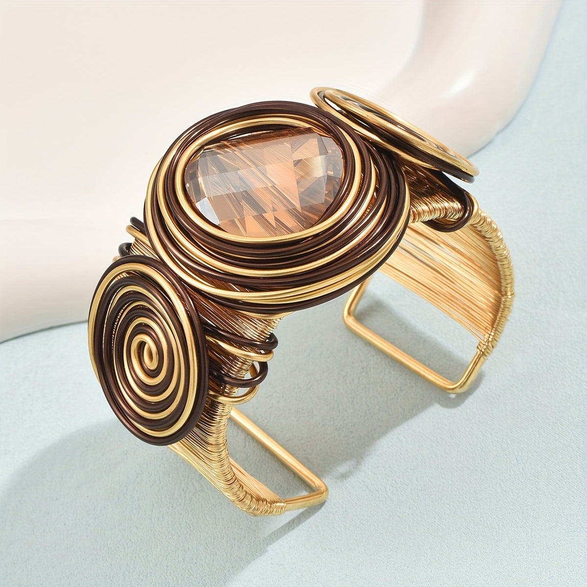 Exquisite Bohemian Style Handmade Open Bangle Bracelet, Round Aluminum Alloy Wire Wrapped, Artificial Crystal Decor - Hiccupzz