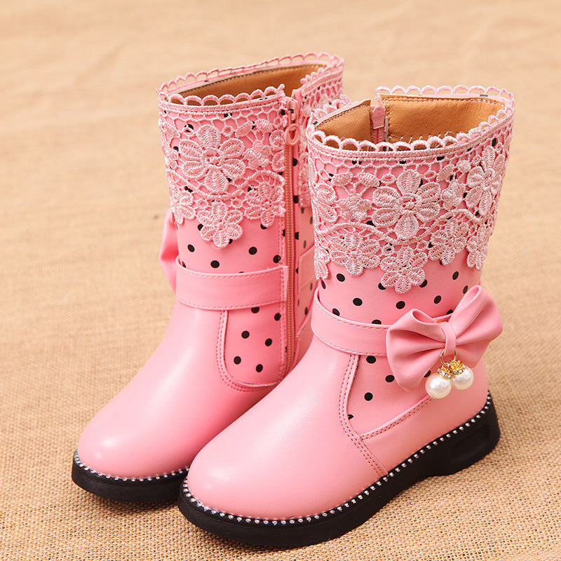Bowknot Pendant Lace And Velvet Girls' Cotton Shoes - Hiccupzz
