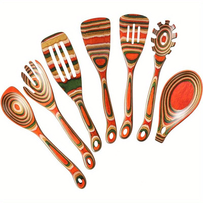 Kitchen Utensils Set for Cooking, 7 Pcs Pakkawood Wooden Cooking Spoons & Spatulas with Spoon Rest, Safe for Non-Stick Cookware, Housewarming Kitchen Gift - Hiccupzz