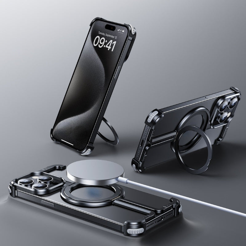 Suitable for iPhone 15 new frameless metal magnetic holder mobile phone case Apple 14 bare metal protective cover - Hiccupzz