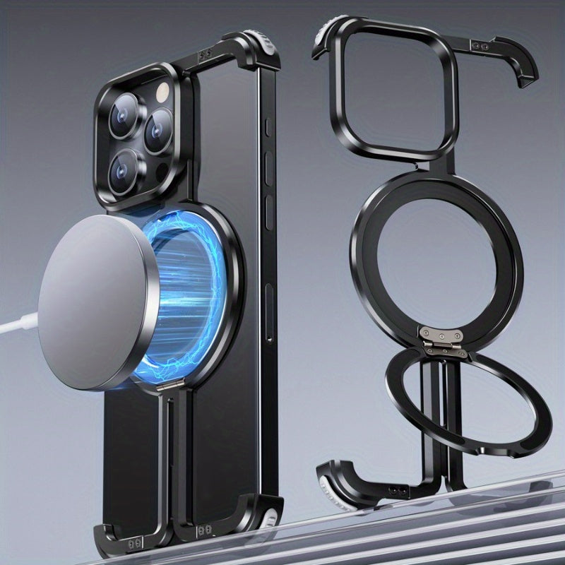 Suitable for iPhone 15 new frameless metal magnetic holder mobile phone case Apple 14 bare metal protective cover - Hiccupzz