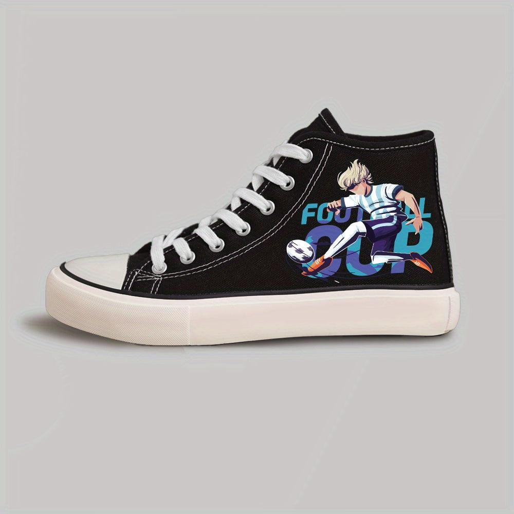 Men's Football Cup Anime Pattern Lace Up Canvas Shoes, High Top Casual Shoes For Outdoor Walking Traveling - Hiccupzz