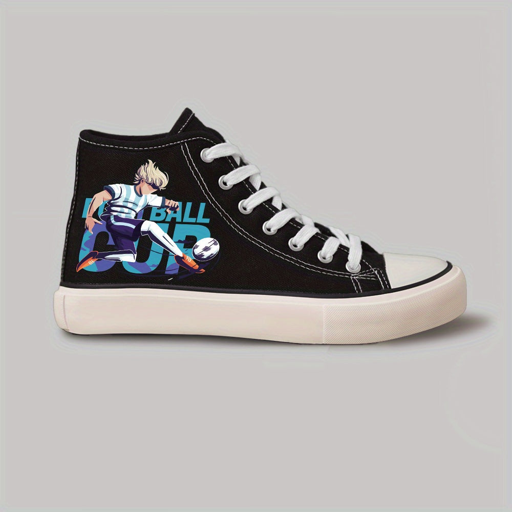 Men's Football Cup Anime Pattern Lace Up Canvas Shoes, High Top Casual Shoes For Outdoor Walking Traveling - Hiccupzz