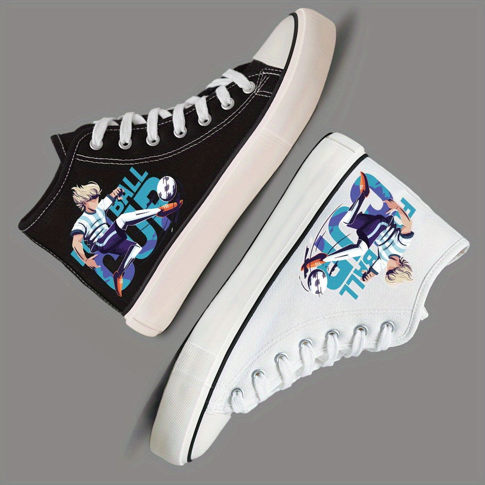 Men's Football Cup Anime Pattern Lace Up Canvas Shoes, High Top Casual Shoes For Outdoor Walking Traveling - Hiccupzz