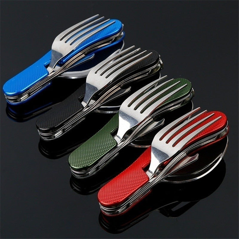 4-in-1 Stainless Steel Folding Camping Utensil - Fork, Spoon, Knife, Bottle Opener for Outdoor Travel & Survival - Hiccupzz