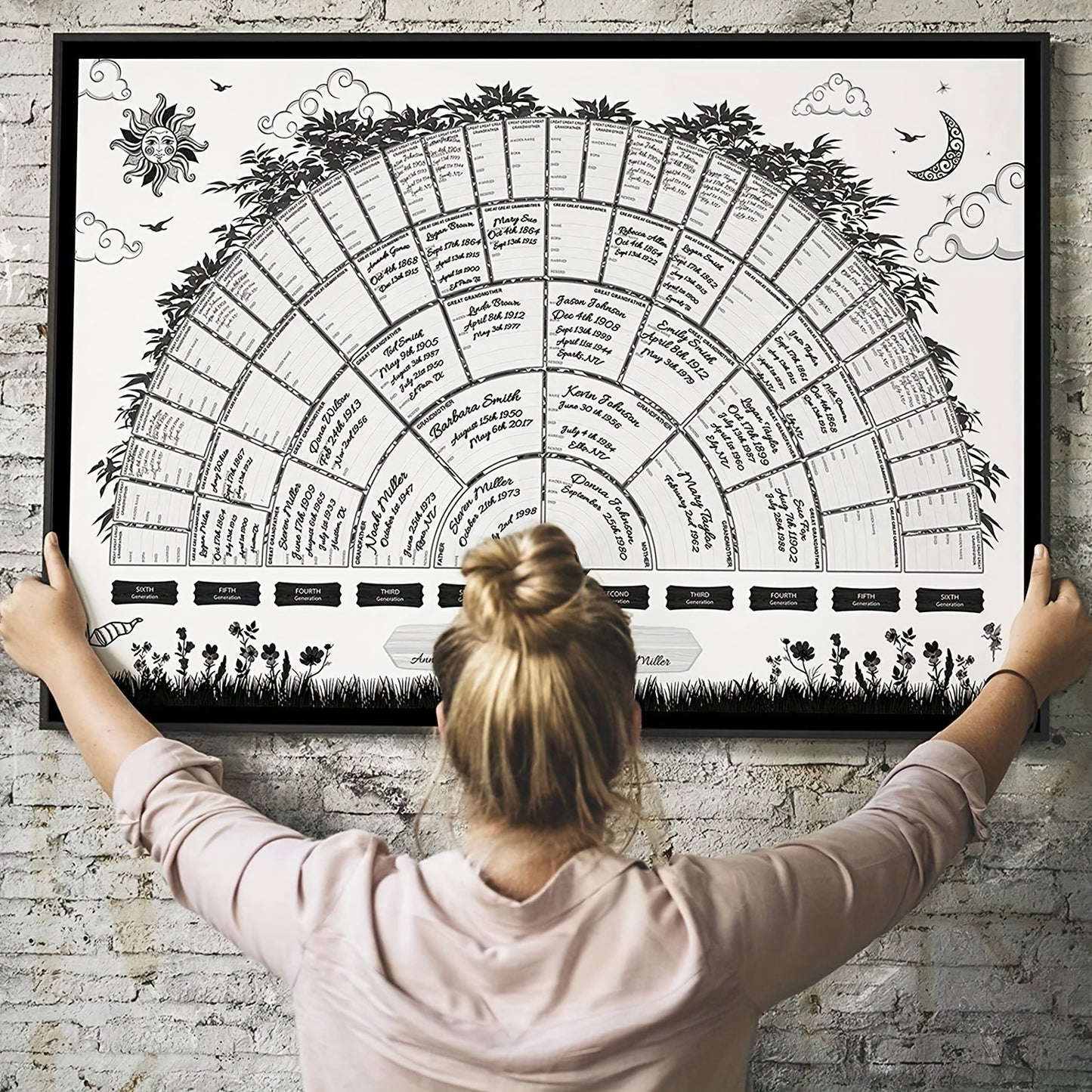 Family Tree Chart Poster for 6 Generations - Unframed Ancestral Genealogy Record, Fill-in-the-Blank Canvas Wall Art