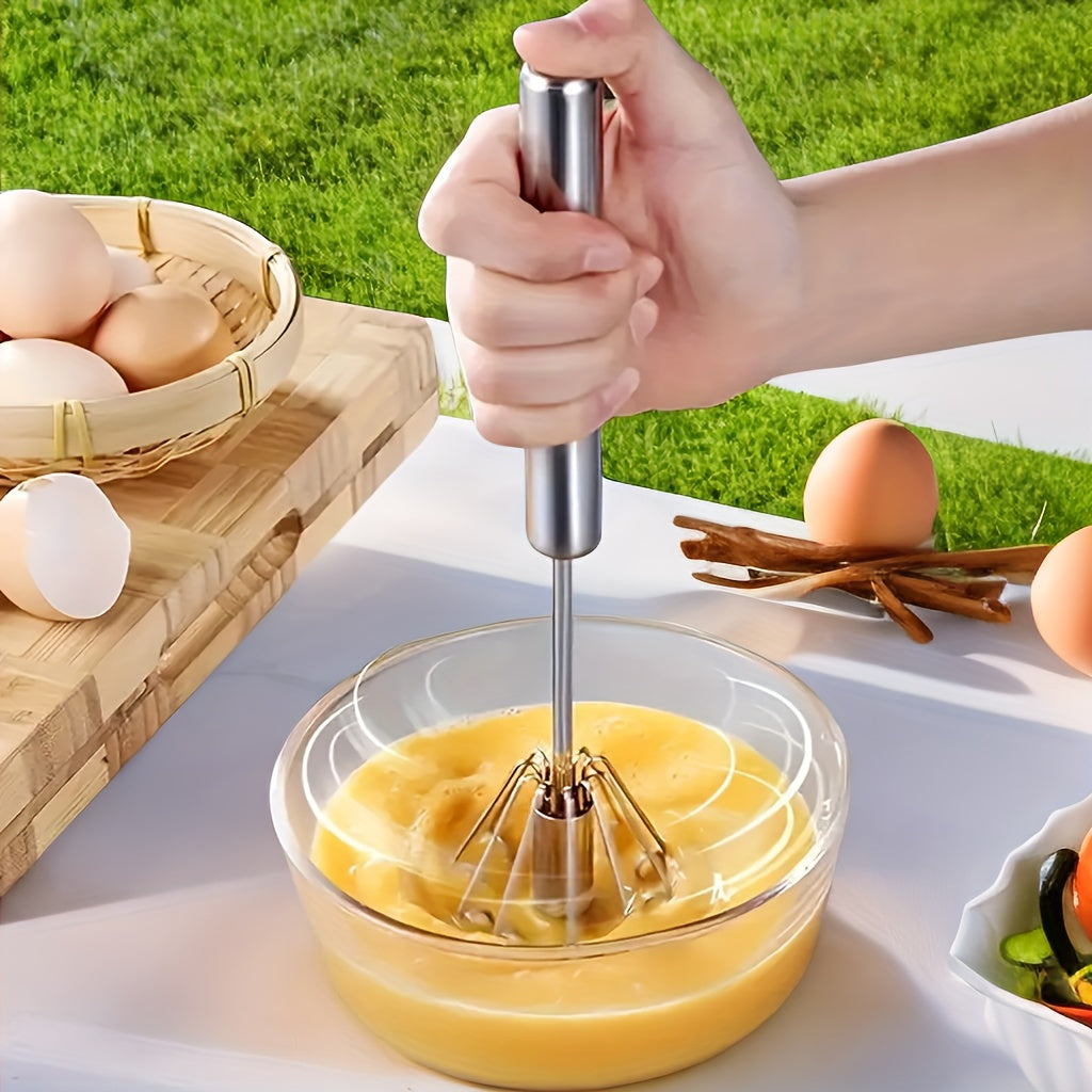 Semi-Automatic Stainless Steel Whisk Set: Manual Hand Push Egg Beater and Non-Electric Rotary Whisk (10/12/14 Inch) for Mixing and Frothing - Hiccupzz