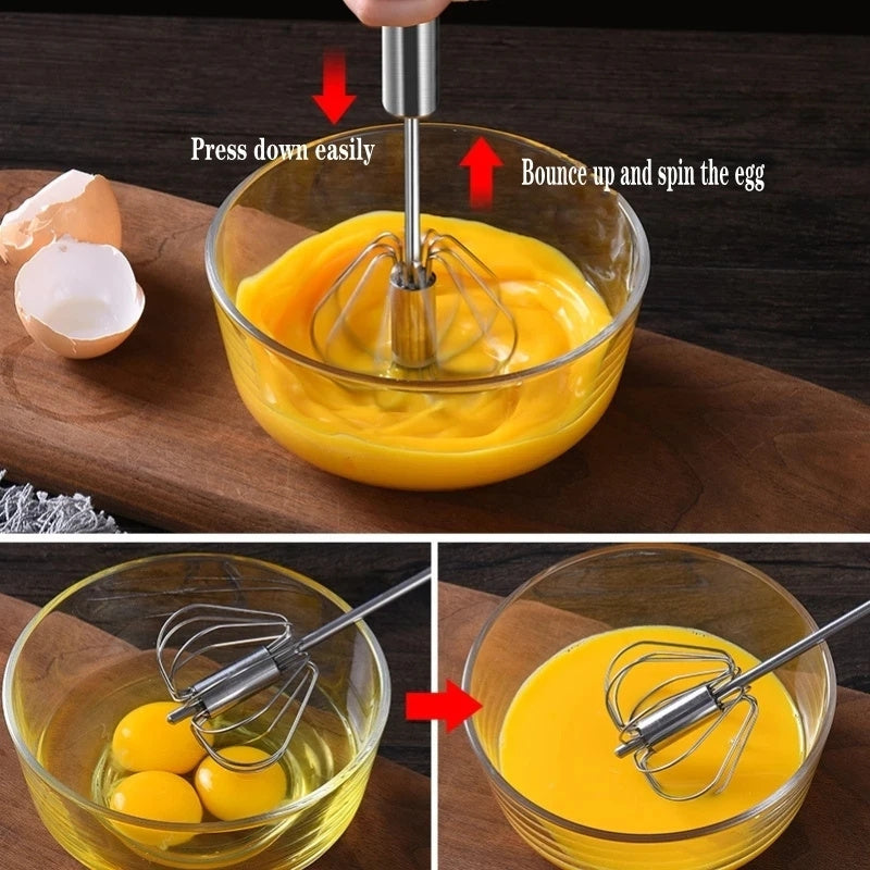 Semi-Automatic Stainless Steel Whisk Set: Manual Hand Push Egg Beater and Non-Electric Rotary Whisk (10/12/14 Inch) for Mixing and Frothing - Hiccupzz