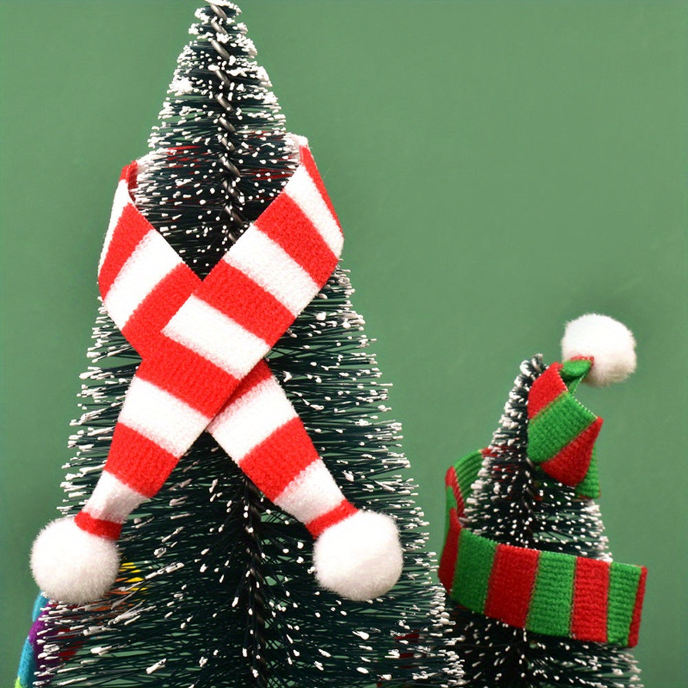Mini Christmas Scarf Ornaments Set (1/4 pcs): Festive Striped Polyester Scarves with Pom-Poms for Holiday Decor and Doll Adornment - Hiccupzz