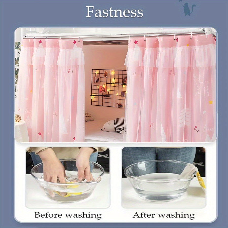 1 Pc Pink Double-Layer Blackout Bed Curtains - Privacy Drapes for Dormitory Bunks, Polyester, Machine Washable
