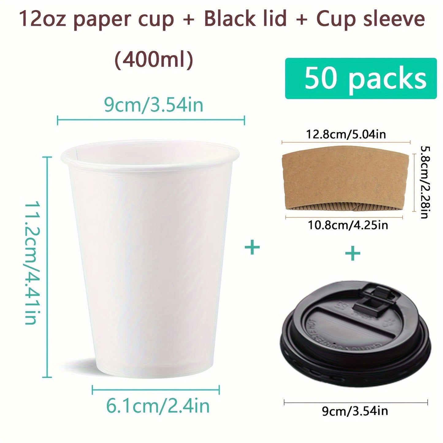 50-Pack Disposable Coffee Cups with Lids & Sleeves - 12/16 oz Eco-Friendly White Paper Cups, Black Lids for Hot Drinks, Tea, or Chocolate - Hiccupzz