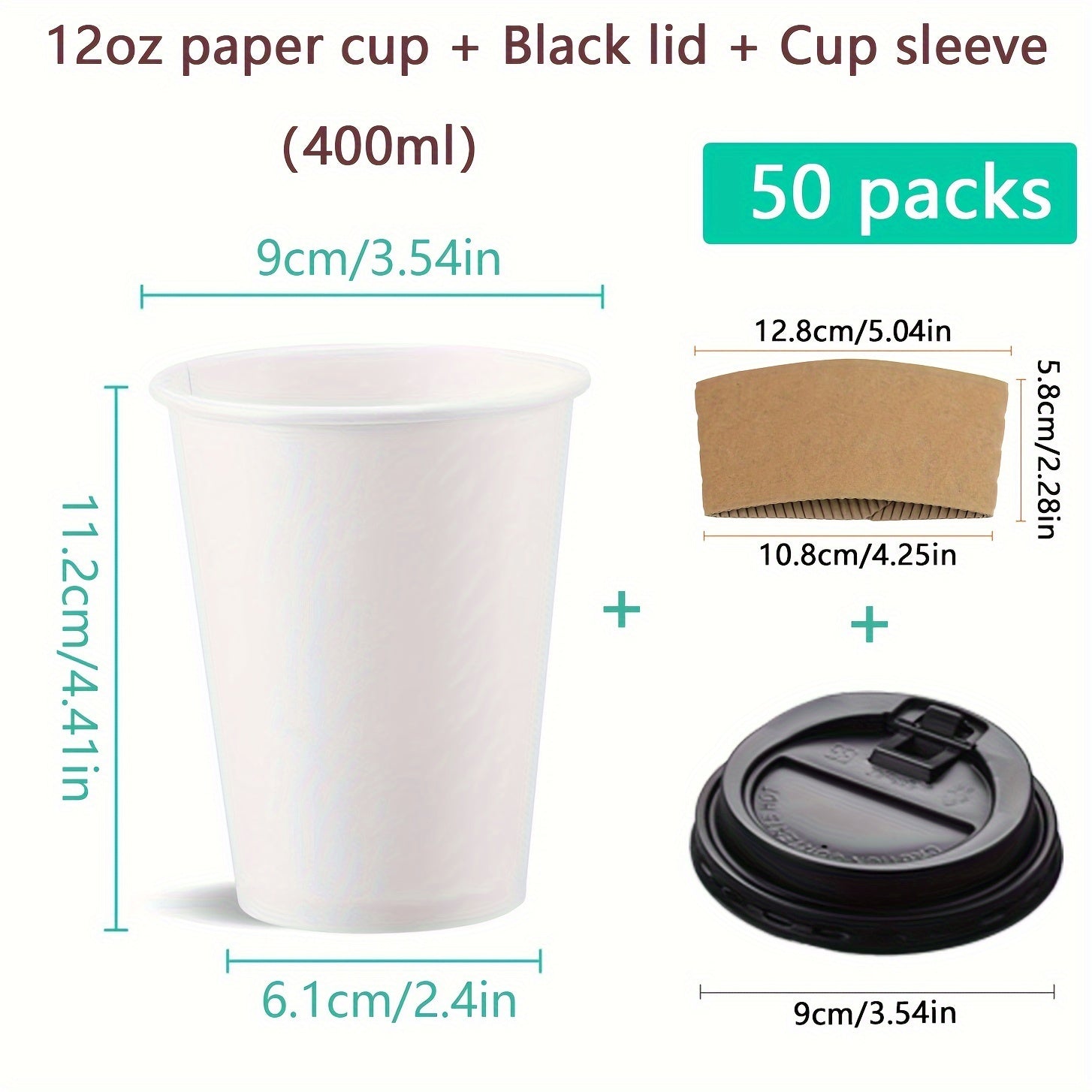 50-Pack Disposable Coffee Cups with Lids & Sleeves - 12/16 oz Eco-Friendly White Paper Cups, Black Lids for Hot Drinks, Tea, or Chocolate - Hiccupzz