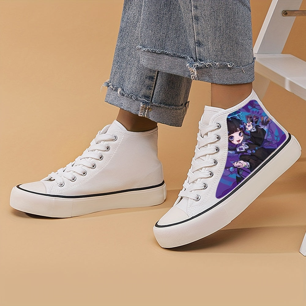 Women's Anime Beauty Print Shoes, Lace Up Comfy Platform Daily Skate Shoes, Lightweight High-top Canvas Shoes - Hiccupzz