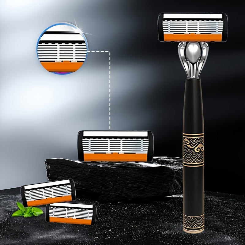 Men's Safety Shaver with Anti-Slip Stainless Steel Handle, 6-Layer Blades, 18/36 Replacement Blades Included - Hiccupzz