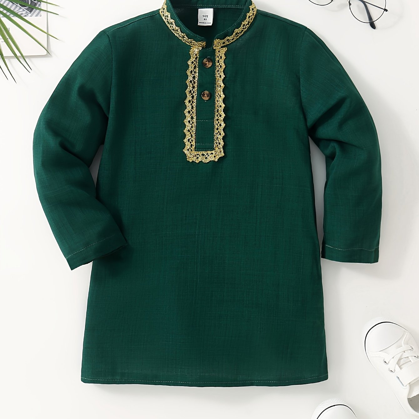 1 Pc Boys Ethnic Style Long Sleeve Shirt, Button Detail, Casual - Hiccupzz