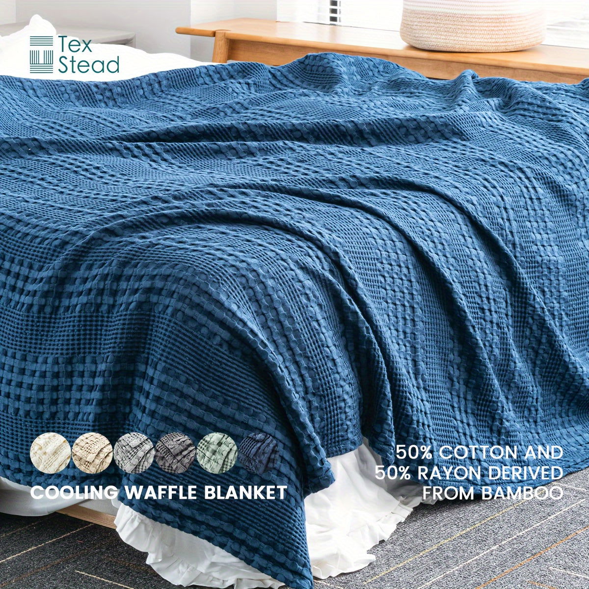 1 Pc Cooling Bamboo Fiber Cotton Blend Waffle Blanket - Lightweight Breathable Blanket For Hot Sleepers, Luxury Throws For Bed, Couch And Sofa - Hiccupzz