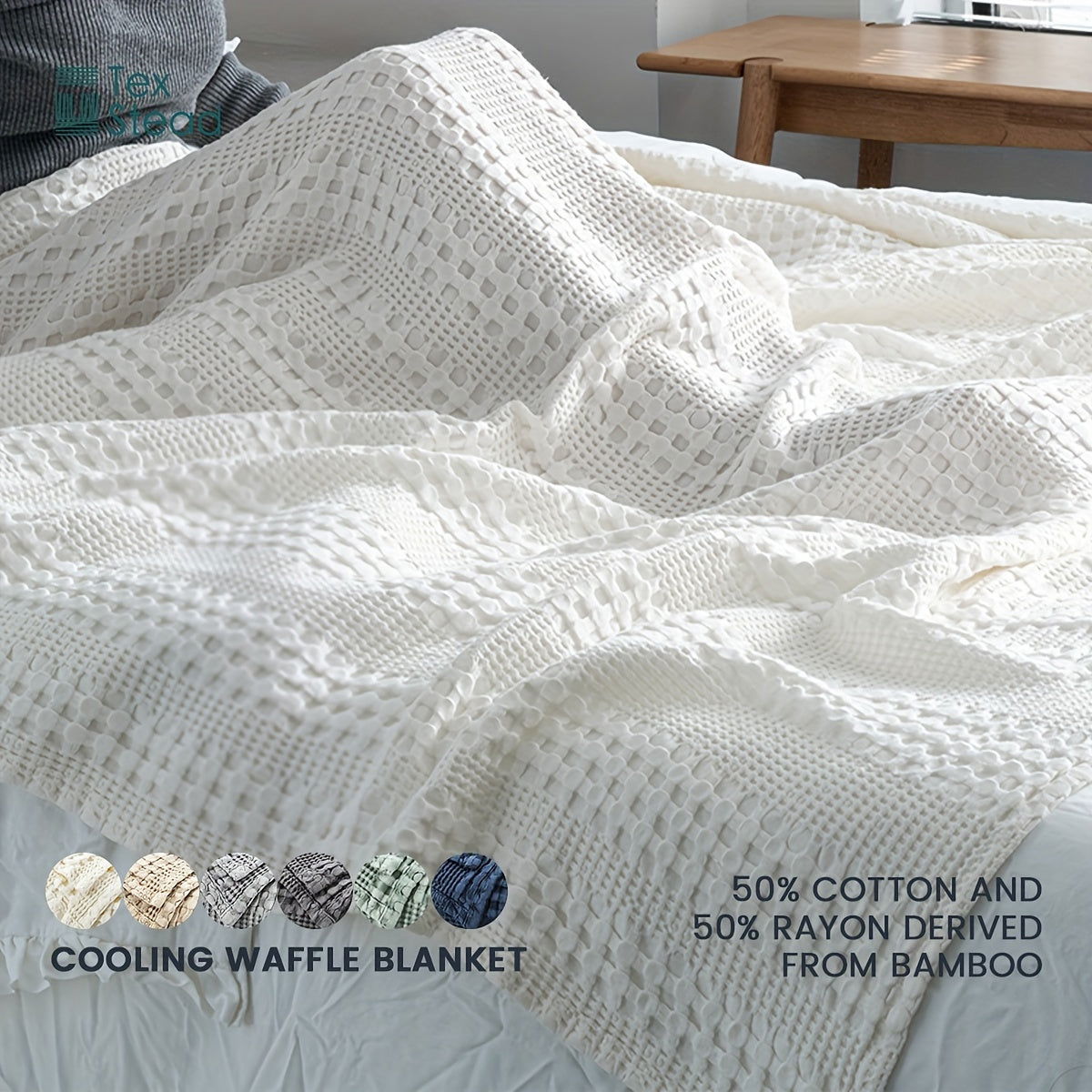1 Pc Cooling Bamboo Fiber Cotton Blend Waffle Blanket - Lightweight Breathable Blanket For Hot Sleepers, Luxury Throws For Bed, Couch And Sofa - Hiccupzz